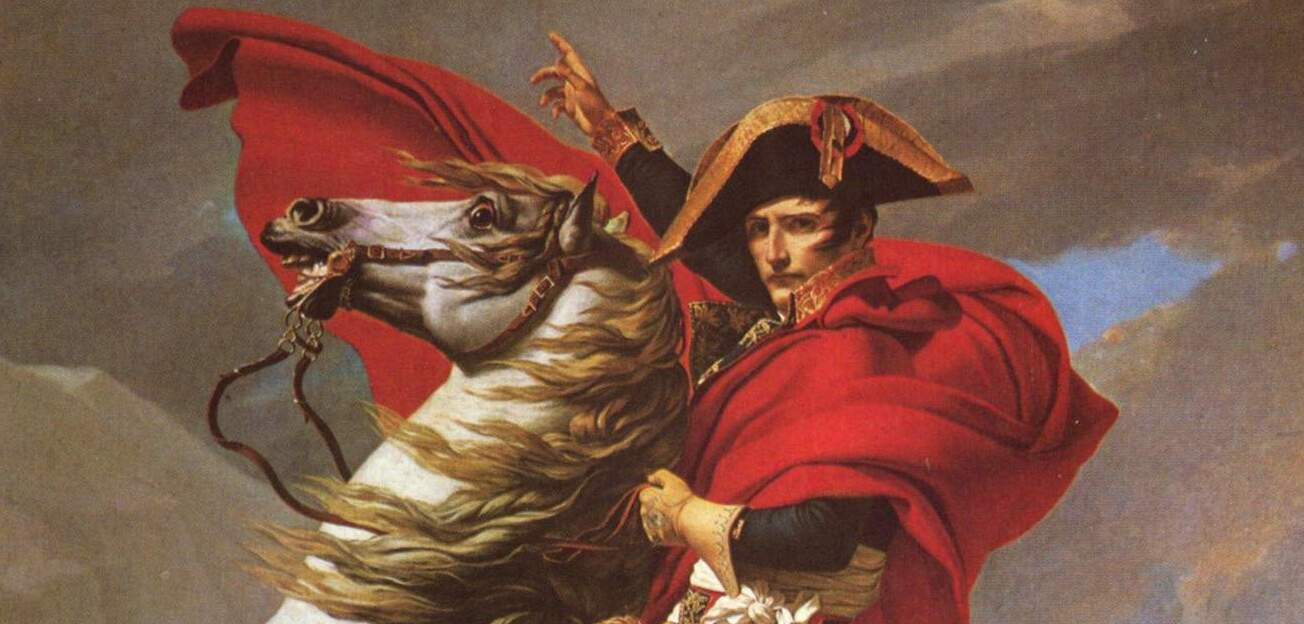 napoleon crossing the alps on his horse called vizir, painting by Jacques Louis David